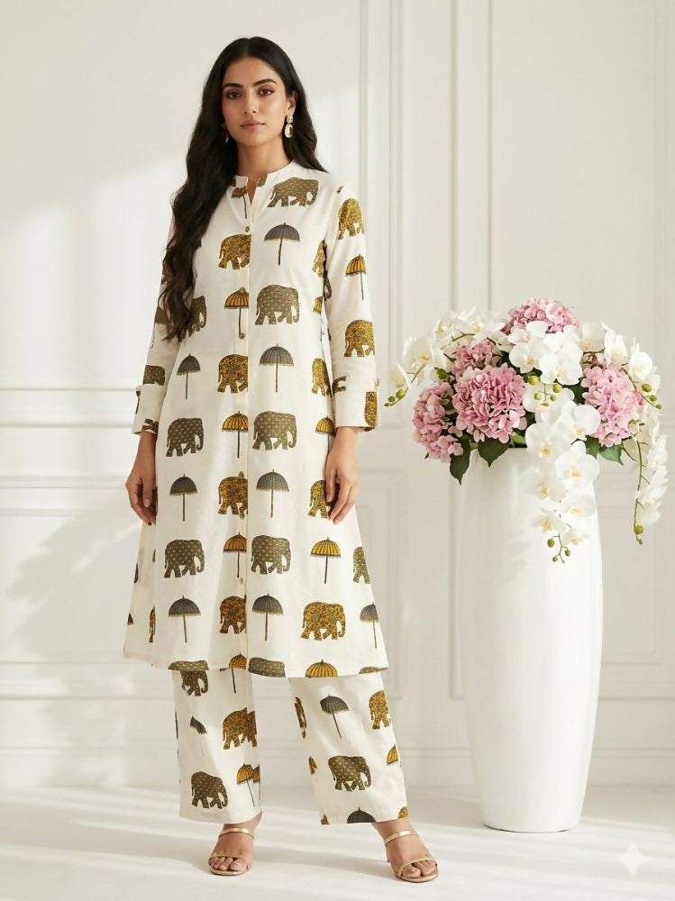 Teeya Creation Women New Trendy Off-White & Mustard Yellow Elephant Print Cotton Kurta with Palazzos