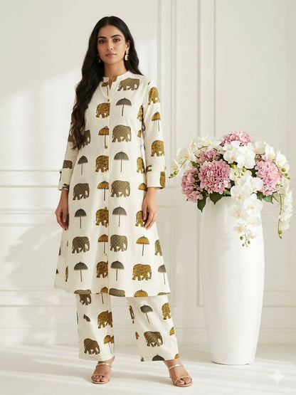 Teeya Creation Women New Trendy Off-White & Mustard Yellow Elephant Print Cotton Kurta with Palazzos