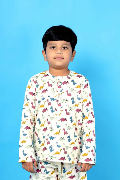 Breathables Kids Cotton Dinosaur Print Night Suit  Cream Full Sleeves Kurta & Pants Co-Ord Set | Boys & Girls Nightwear & Loungewear