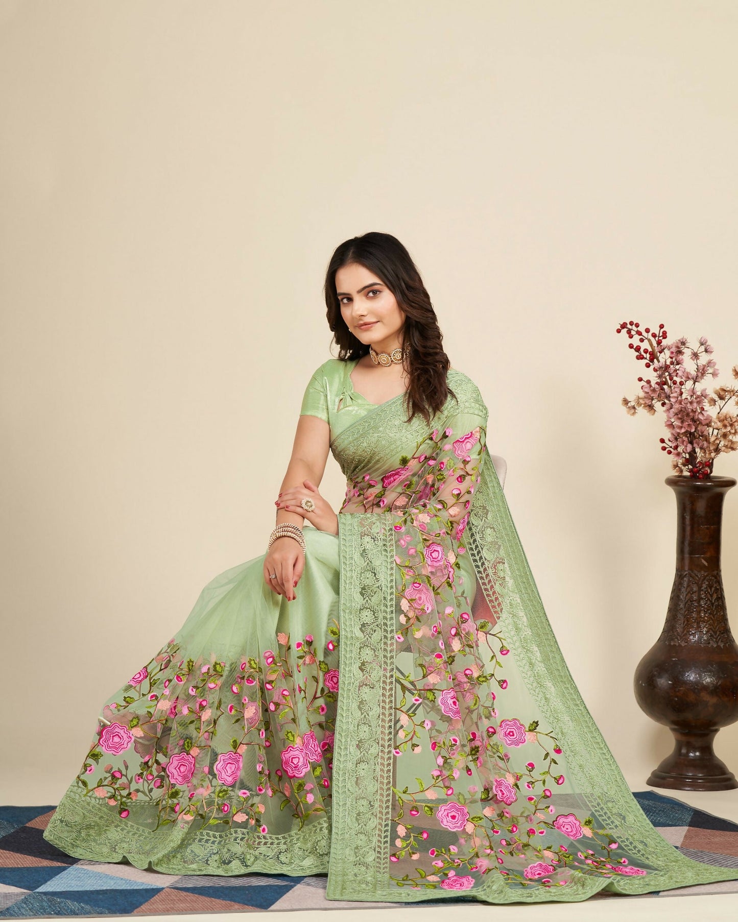 Teeya Creation Womens Latest Stylish Party Wear Soft Net Saree-Green