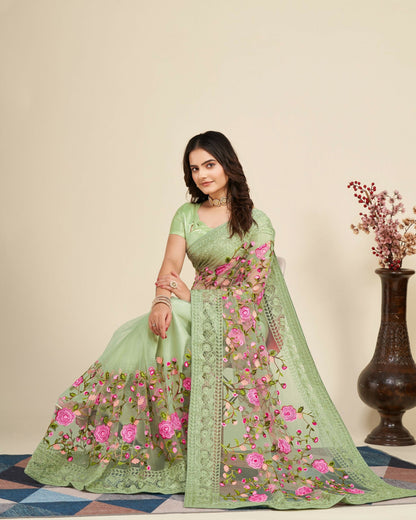Teeya Creation Womens Latest Stylish Party Wear Soft Net Saree-Green