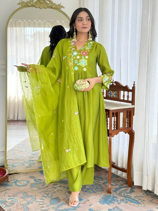 The52 Women's Beautiful Embroidery Work Viscose Silk Fabric Flared Kurta Pant and Dupatta Set