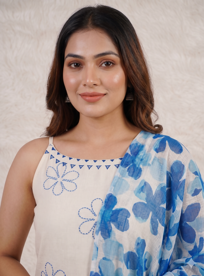 Teeya Creation Womens Off-White Straight Cotton Kurta Pant Set with Floral Organza Dupatta Set