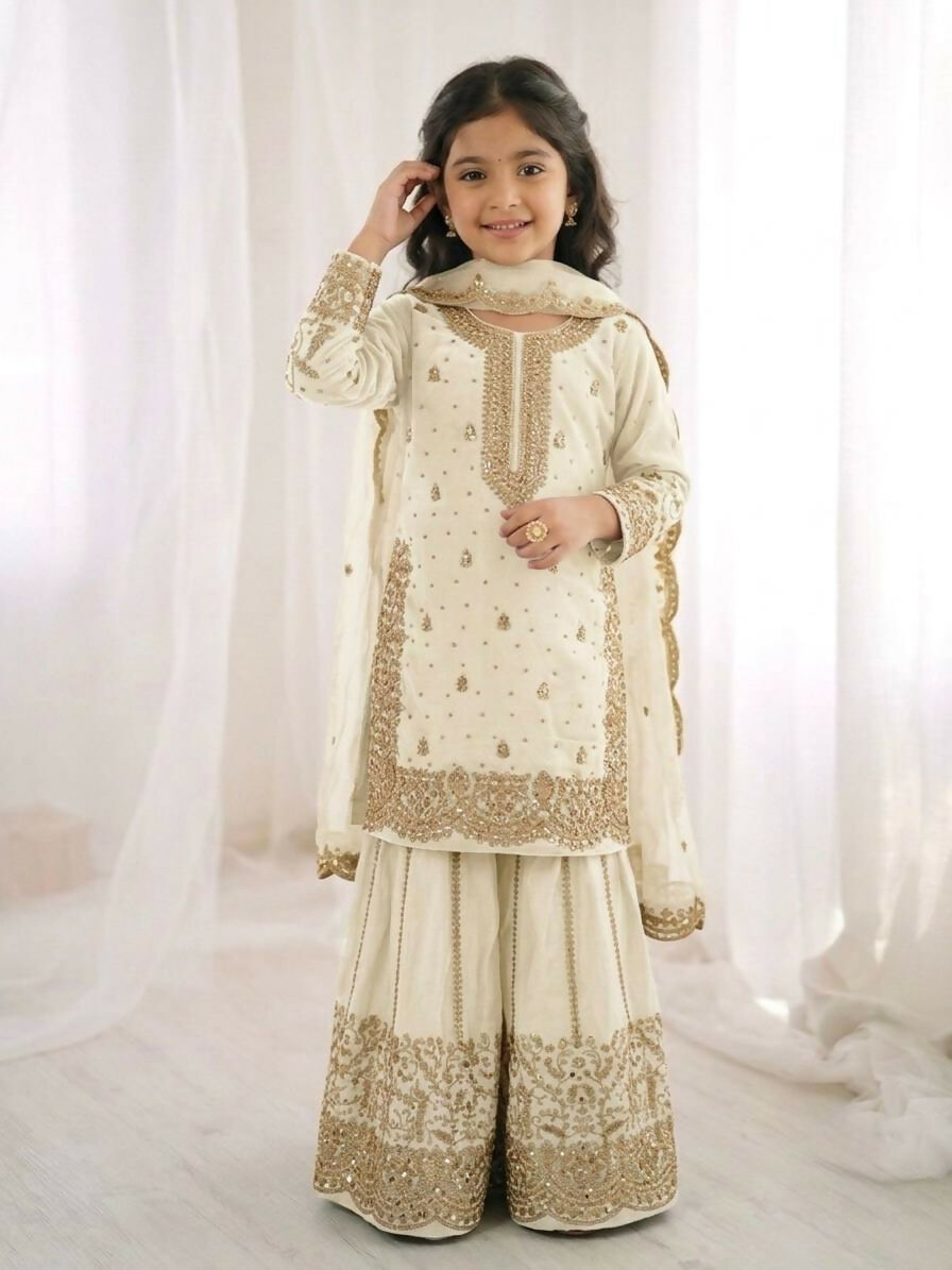 Teeya Creation New Trendy Fully Stitched Ready to Wear Kids Kurta Palazzo Set-White