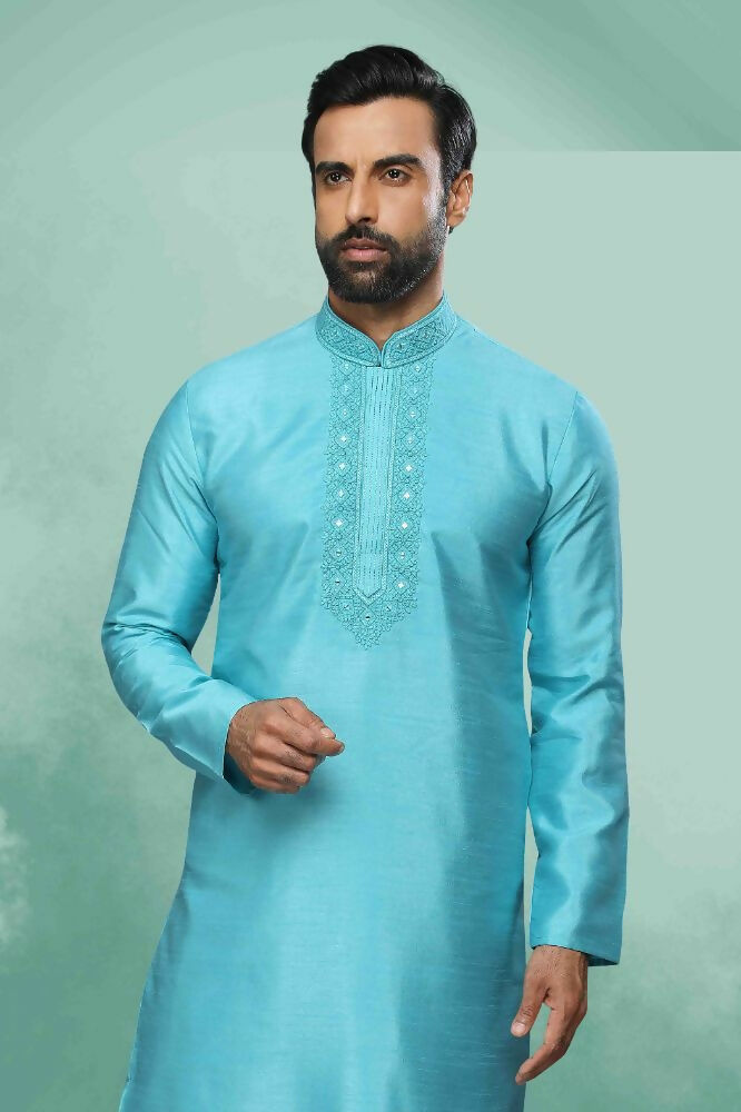 Raivat Ethnic Art Silk Mirror Embroidery Work Kurta Pajama In Sky Blue Colour