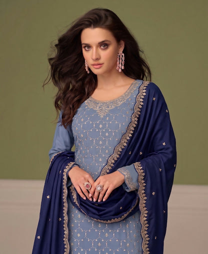 KC Heavy Chinon Sky Blue Salwar Suit For Women Ethnic Wear