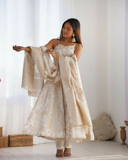 The52 Women's Gorgeous Jacquard Work Jacquard Silk Fabric Flared Anarkali Pant and Dupatta Set-White