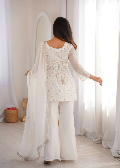 Teeya Creation White Embroidered Short Kurti Sharara Suit Set With Dupatta