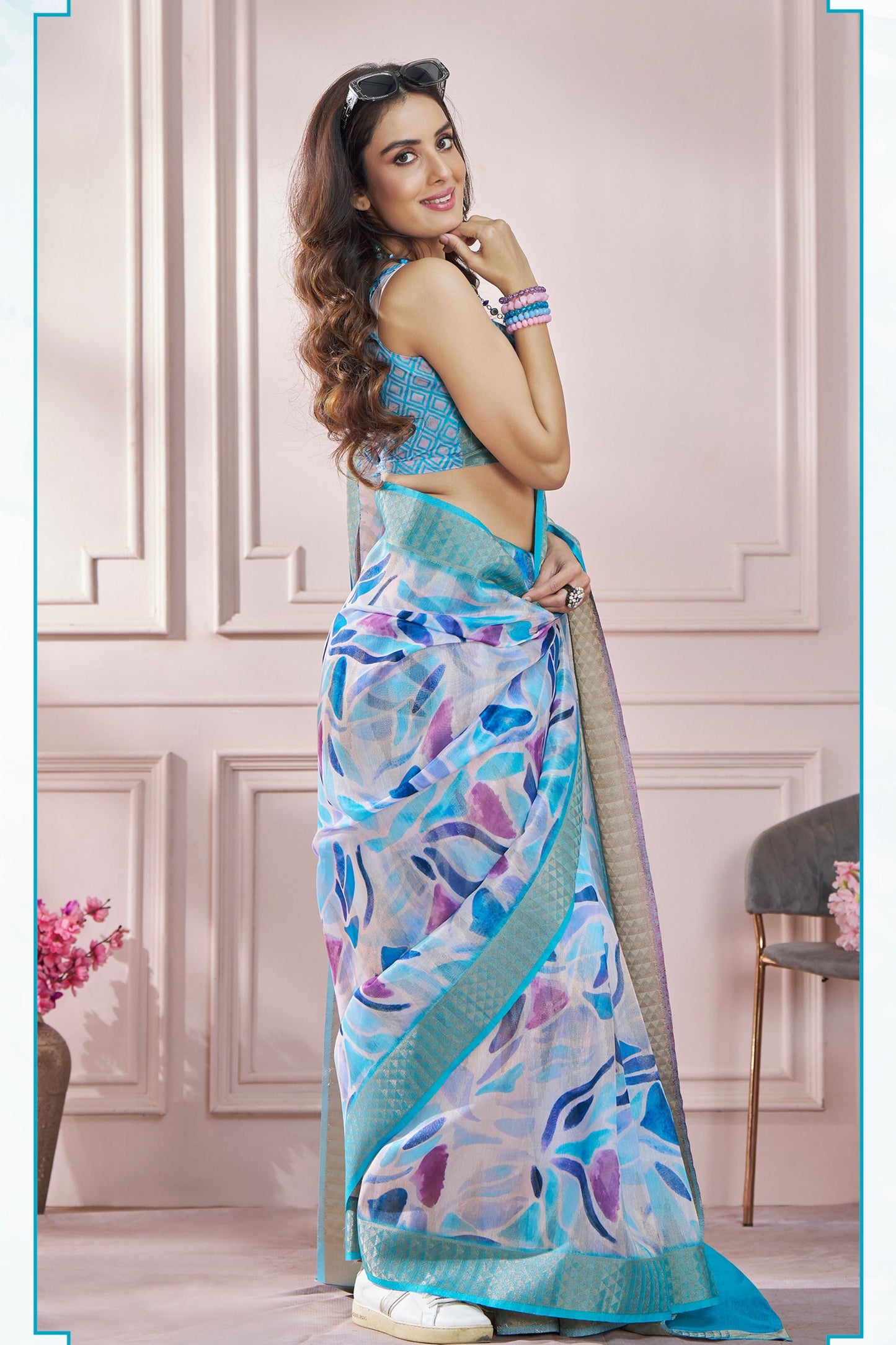 Anaita Sky Blue Printed Pure Modal Silk Saree With Blouse