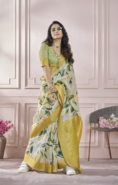 Anaita Cream Printed Pure Modal Silk Saree With Blouse
