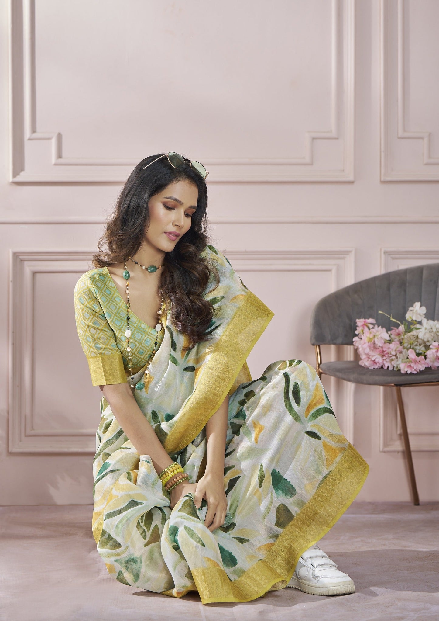 Anaita Cream Printed Pure Modal Silk Saree With Blouse