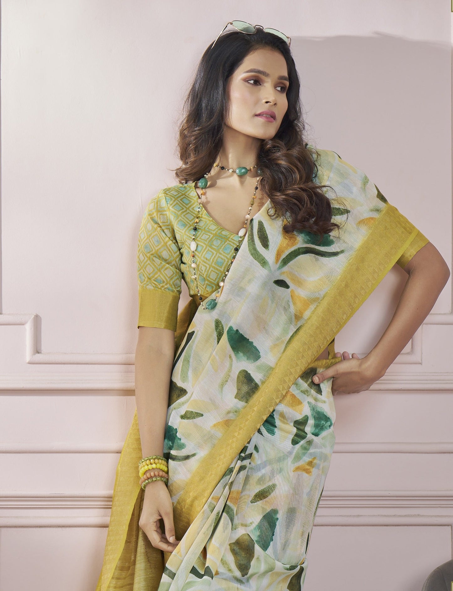Anaita Cream Printed Pure Modal Silk Saree With Blouse