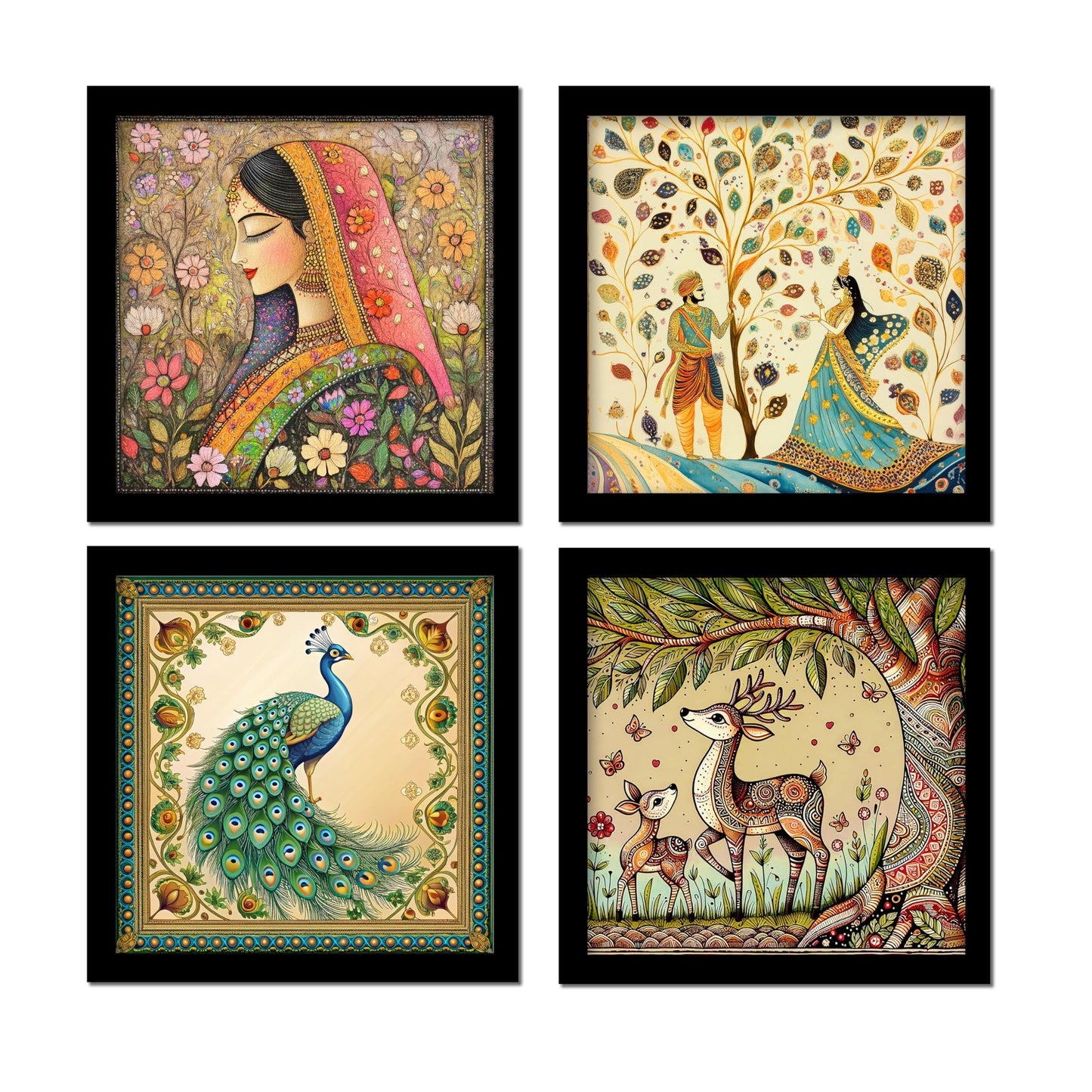 Wall Painting Set of 4 - Traditional Madhubani & Rajasthani Pichwai Art - 22cm Wooden Panels