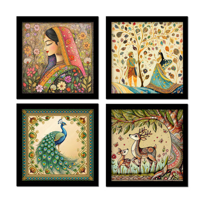 Wall Painting Set of 4 - Traditional Madhubani & Rajasthani Pichwai Art - 22cm Wooden Panels