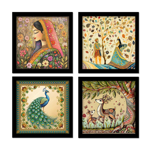 Wall Painting Set of 4 - Traditional Madhubani & Rajasthani Pichwai Art - 22cm Wooden Panels