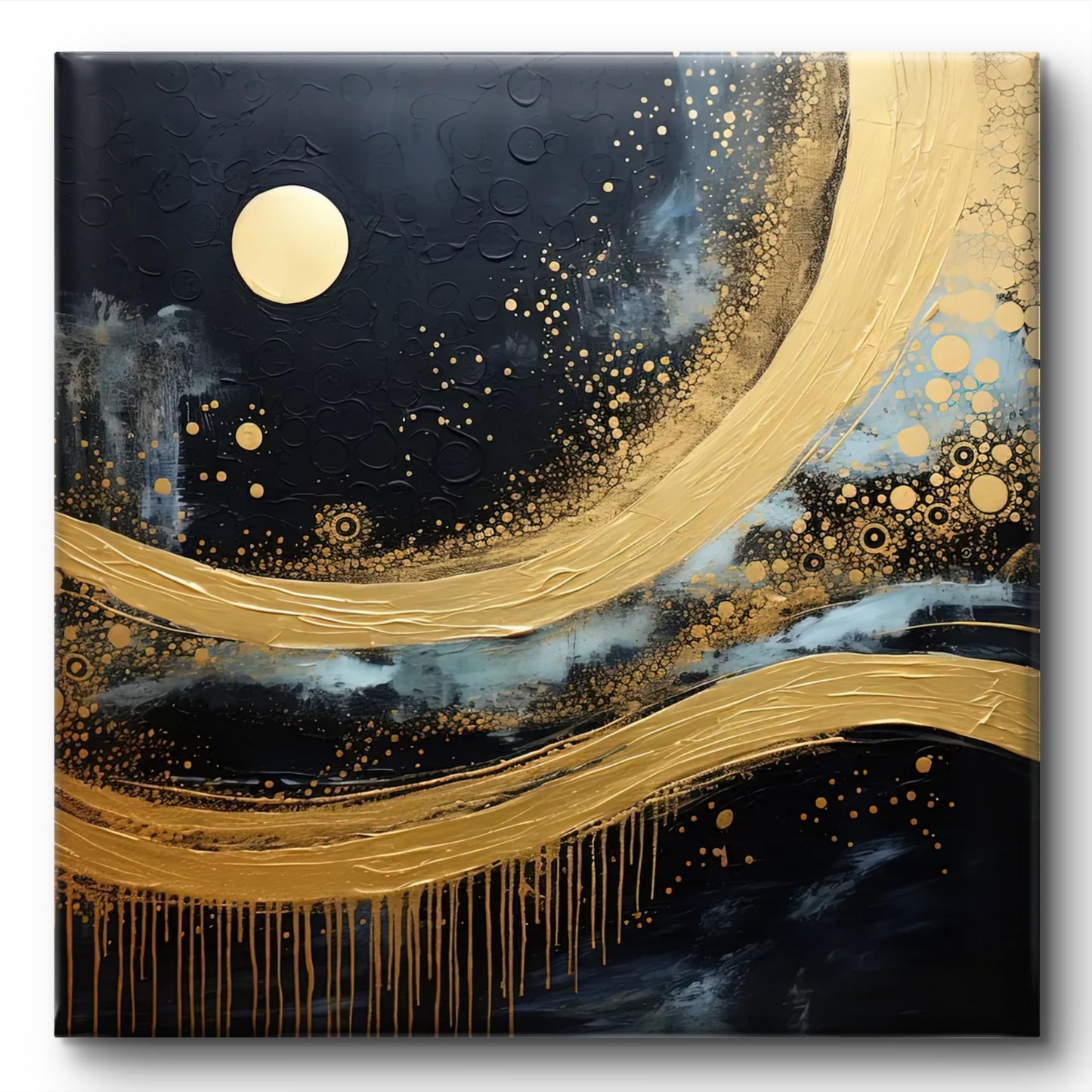 Wall Painting 3D Textured Gold Moon Night Sky Canvas 16 Inch x 16 Inch Navy Blue