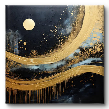Wall Painting 3D Textured Gold Moon Night Sky Canvas 16 Inch x 16 Inch Navy Blue