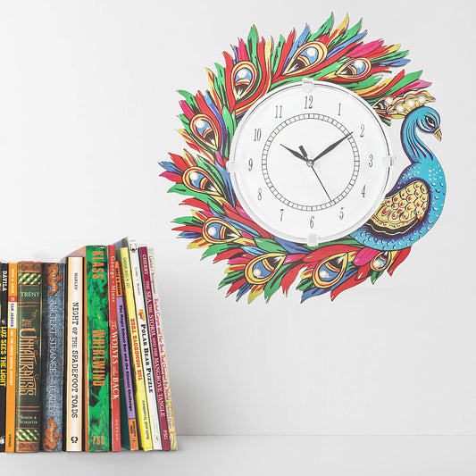 Wooden Handicraft Peacock Theme Wall Clock - 13 Inch Round Quartz Analog - Multicolor
