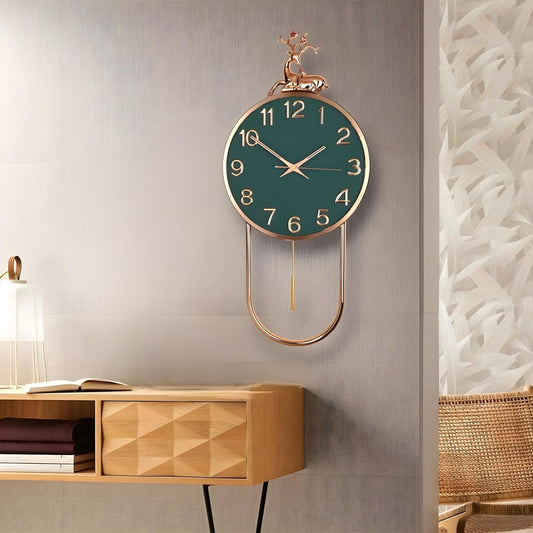 Silent Reindeer Pendulum Wall Clock – Large Decorative Wall Clock for Living Room, Bedroom, Home Décor, Gift (36 × 77 cm, Green)
