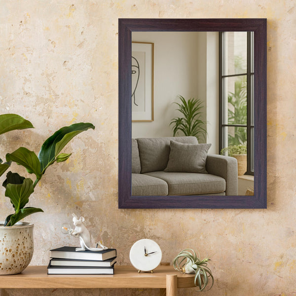 Rectangular Wall Mirror with Synthetic Wooden Frame, Brown Finish, Inner Size 10x12 in, Outer Size 12x14 in