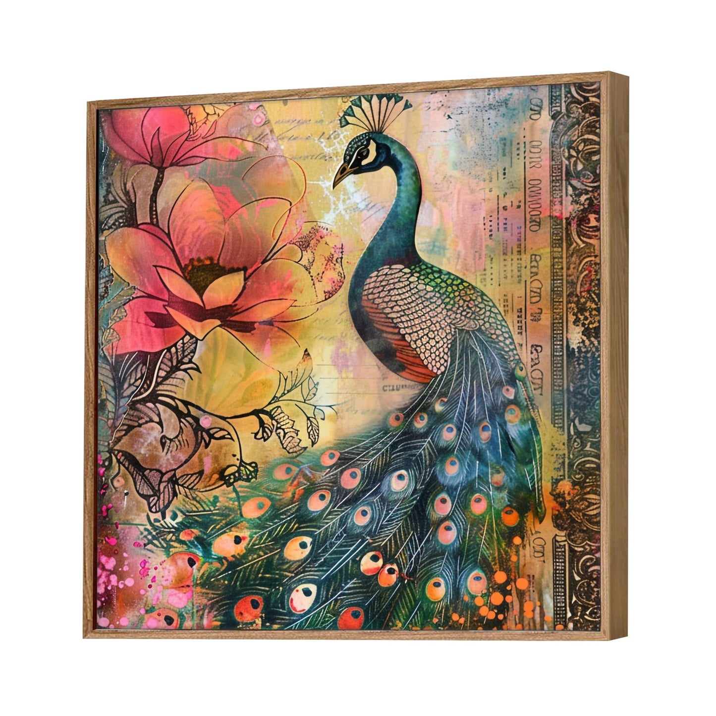 Wall Painting Framed Canvas Art Peacock Design Blue 23x23 Inch