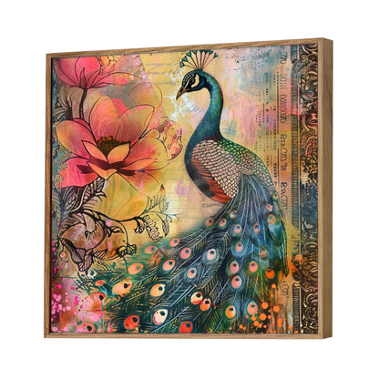 Wall Painting Framed Canvas Art Peacock Design Blue 23x23 Inch