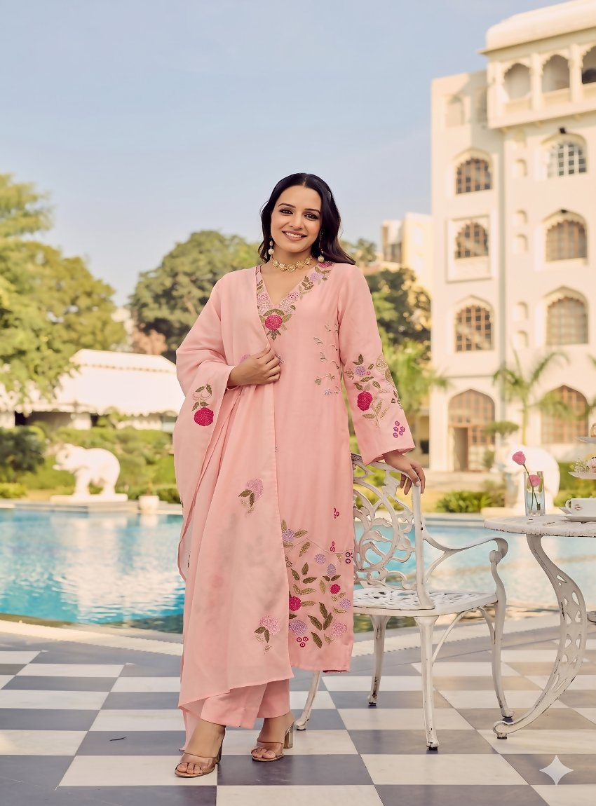 Teeya Creation Premium Peach Chanderi Silk Floral Embroidered Straight Kurta Pant Set With Dupatta For Women