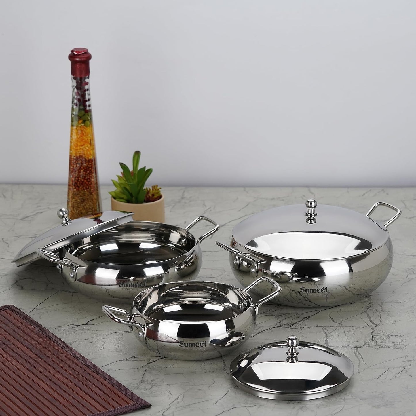 Sumeet Stainless Steel Apple Shape Cook and Serve Handi Set with Lid and Handle|3 Pieces - 650ml, 1150ml & 1700ml