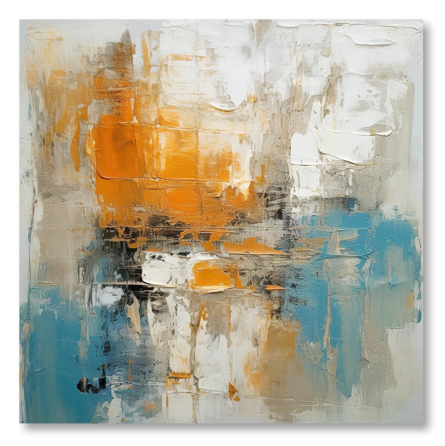 Abstract Canvas Painting with Frame - Orange and Turquoise Textured Art - 24 inch x 24 inch