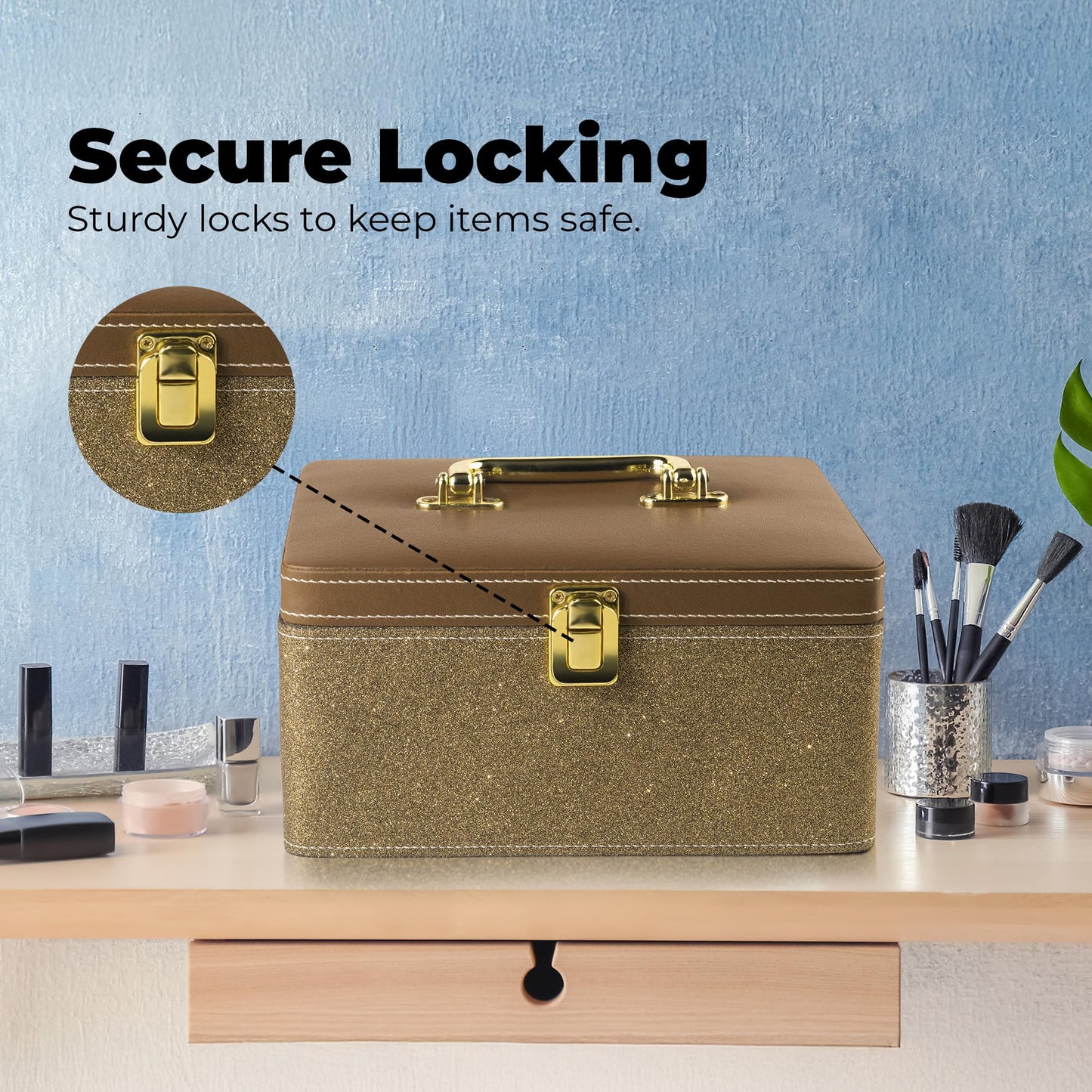 Gold Makeup Vanity Box - Large Cosmetic Organizer for Travel