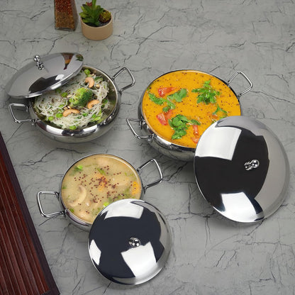 Sumeet Stainless Steel Apple Shape Cook and Serve Handi Set with Lid and Handle|3 Pieces - 650ml, 1150ml & 1700ml