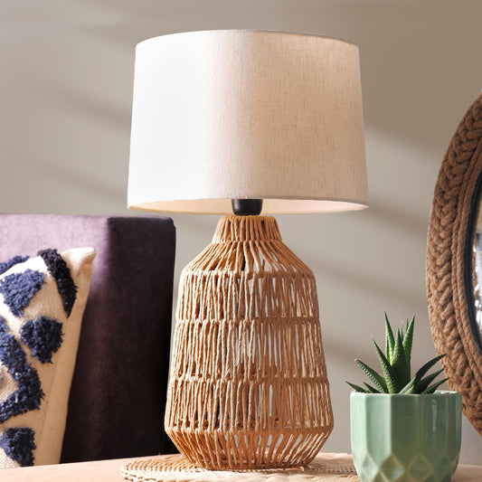 LED Table Lamp with Beige Linen Shade - Tall Paper Rope Design - Eco-Friendly