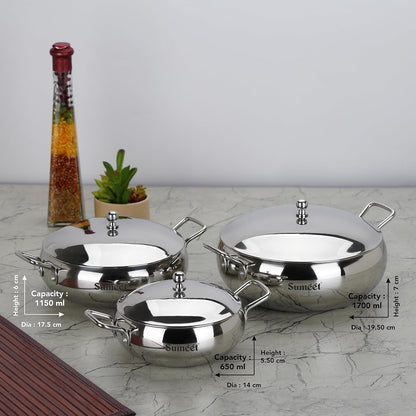 Sumeet Stainless Steel Apple Shape Cook and Serve Handi Set with Lid and Handle|3 Pieces - 650ml, 1150ml & 1700ml