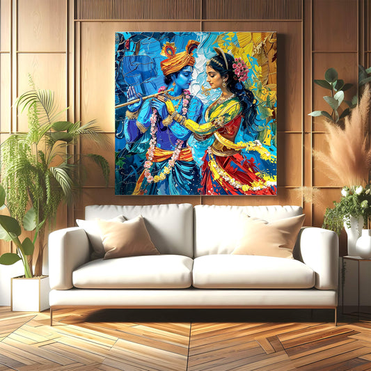 Canvas Painting Radha Krishna - Multi Color - 16 inch x 16 inch - Framed - Traditional Indian Art