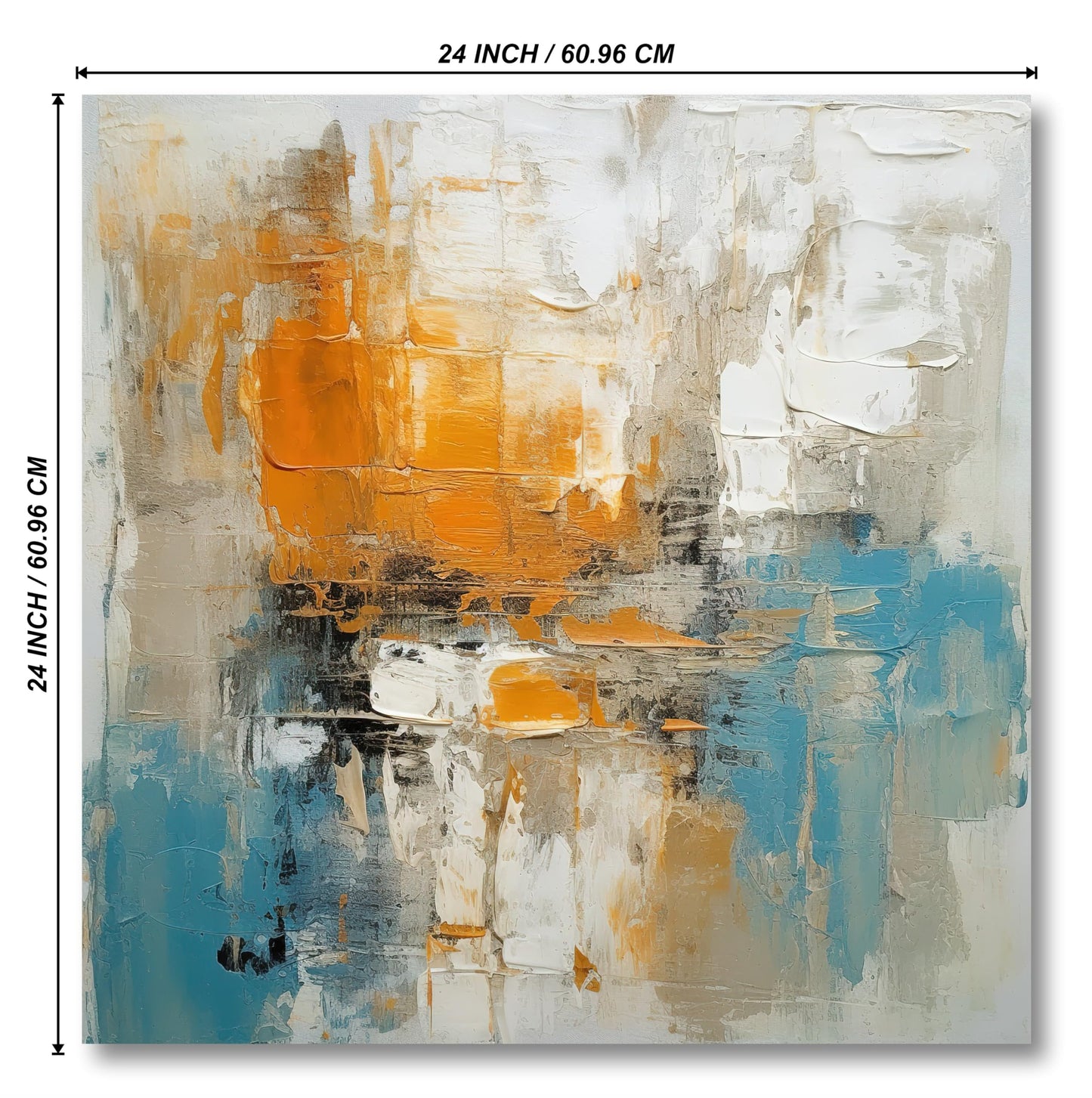 Abstract Canvas Painting with Frame - Orange and Turquoise Textured Art - 24 inch x 24 inch