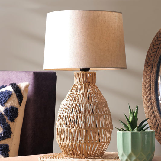 Table Lamp Modern Rustic Blend Paper Rope Base Light Beige Fabric Shade