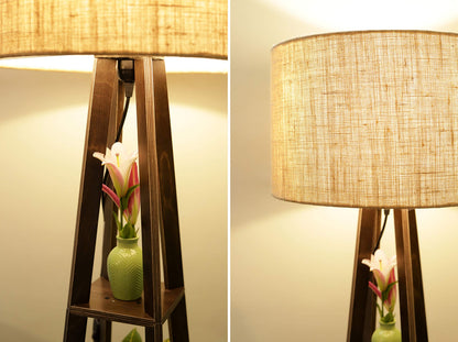 LED Floor Lamp with Shelf in Dark Finish - Wooden, Energy Efficient