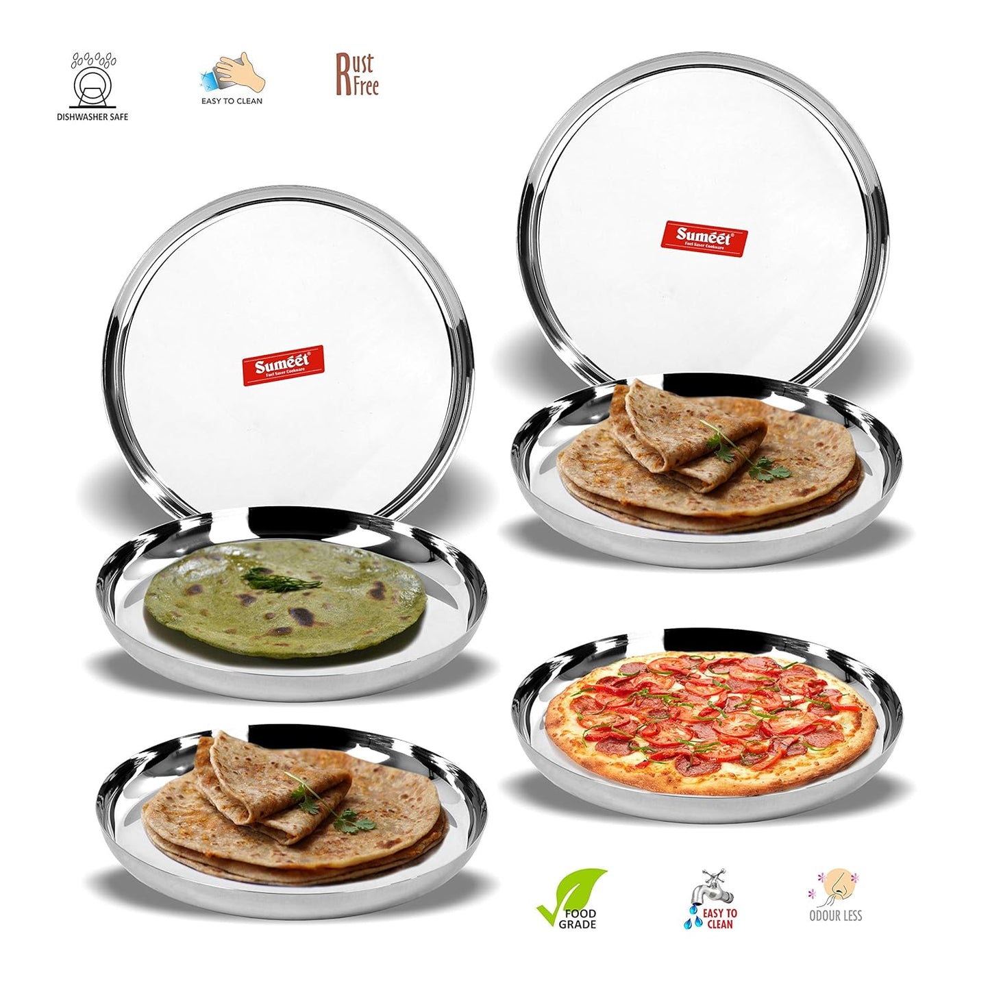 Sumeet Stainless Steel Plates - Set of 6, Silver