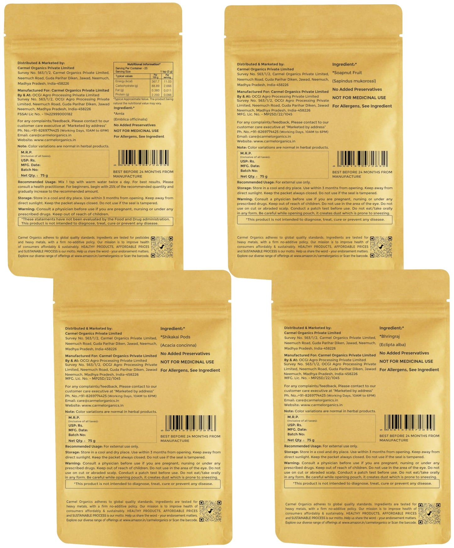 Herbal Hair Pack Combo: Amla, Shikakai, Soapnut & Bhringraj Powder - 75g Each
