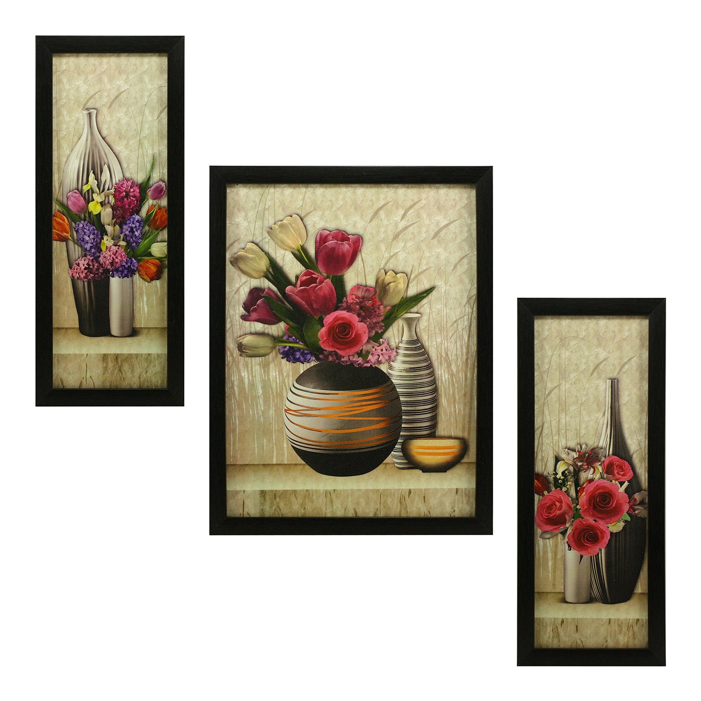 Floral Canvas Paintings Set of 3 - Multicolour - 5.2 x 12.5 Inch, 9.5 x 12.5 Inch - Lightweight