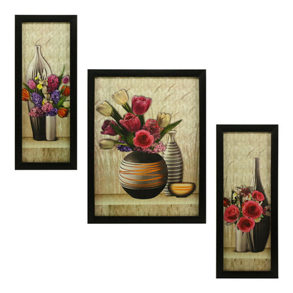 Floral Canvas Paintings Set of 3 - Multicolour - 5.2 x 12.5 Inch, 9.5 x 12.5 Inch - Lightweight