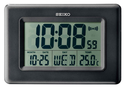 Seiko Digital Alarm Table Clock with Calendar, Hygrometer & Thermometer - Black - 25 x 2.7 x 17 cm