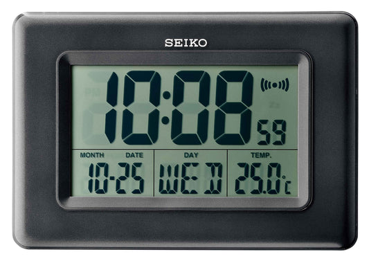 Seiko Digital Alarm Table Clock with Calendar, Hygrometer & Thermometer - Black - 25 x 2.7 x 17 cm