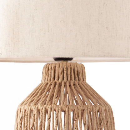 LED Table Lamp with Beige Linen Shade - Tall Paper Rope Design - Eco-Friendly