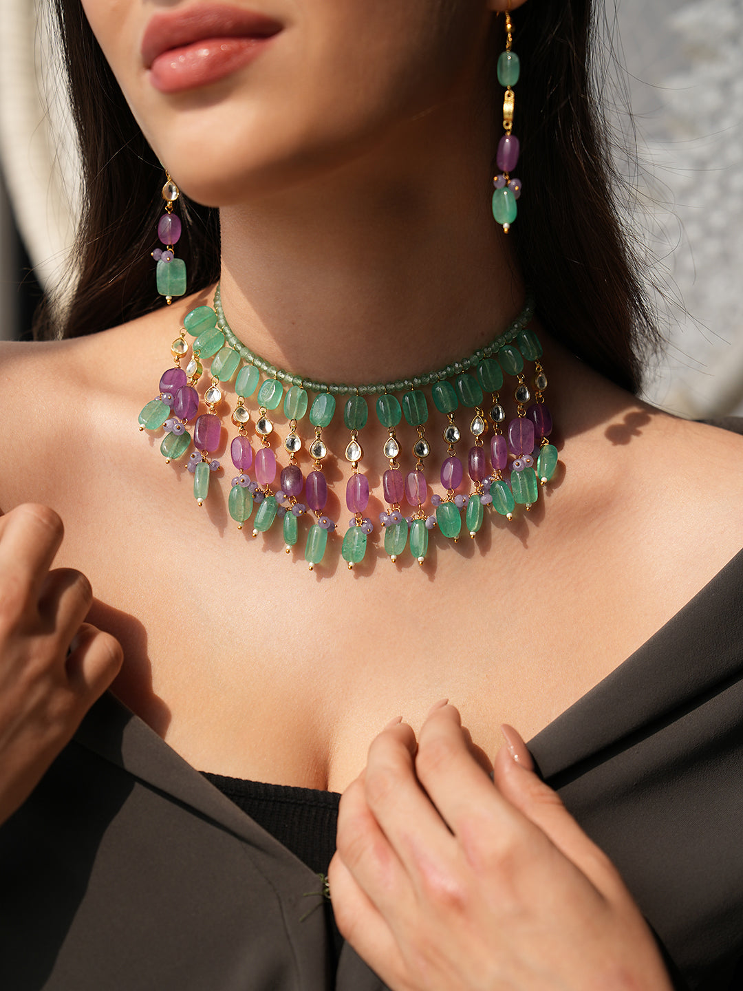Jade Quartz Stone Layered Necklace Set