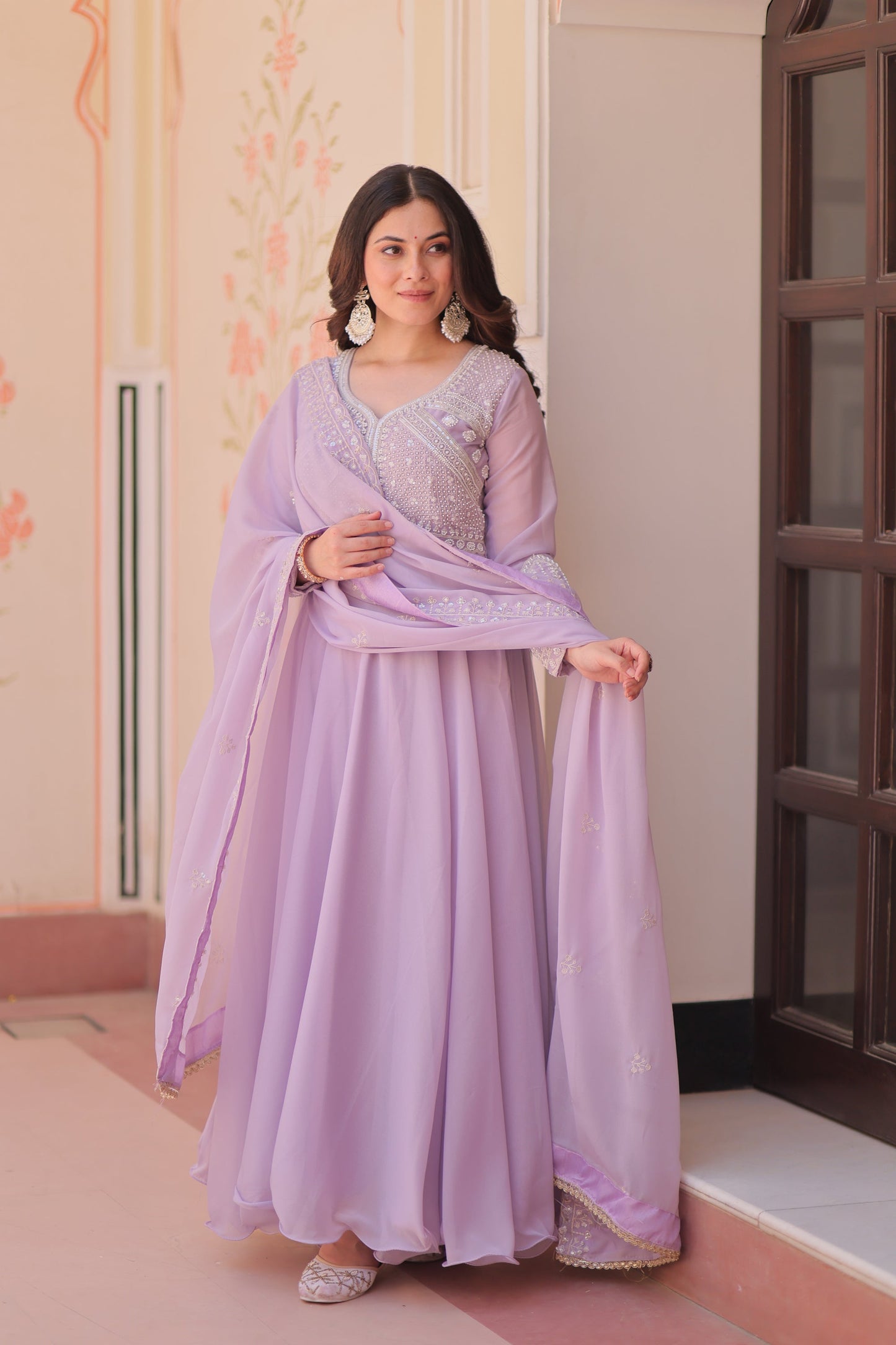Lorenvalley Fashion Lavender Star Georgette With Rich Sequins Coding & Beads Embroidered work Gown with Dupatta