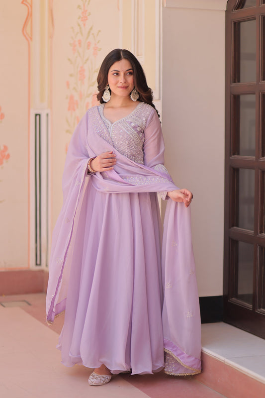 Lorenvalley Fashion Lavender Star Georgette With Rich Sequins Coding & Beads Embroidered work Gown with Dupatta