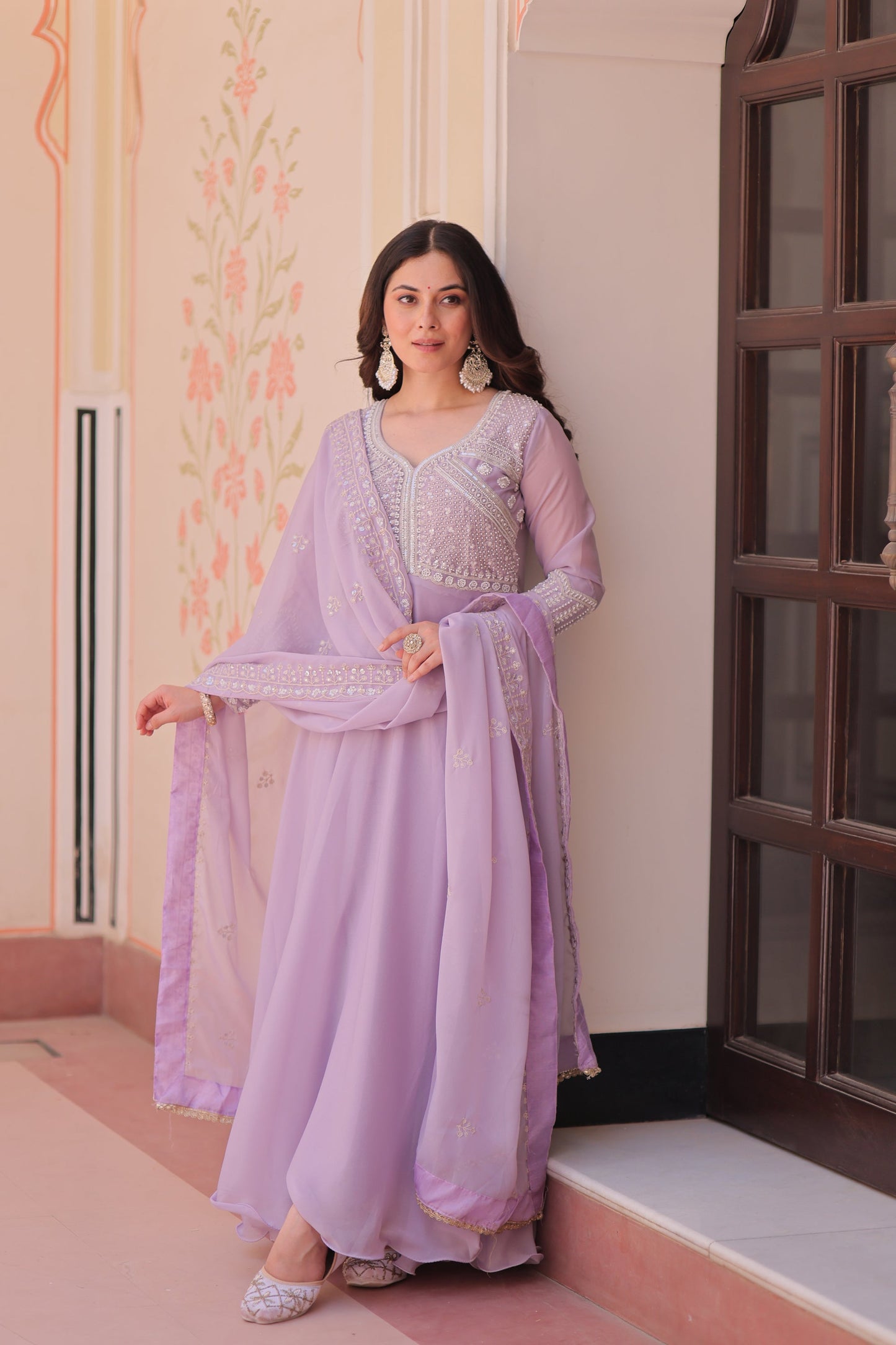 Lorenvalley Fashion Lavender Star Georgette With Rich Sequins Coding & Beads Embroidered work Gown with Dupatta
