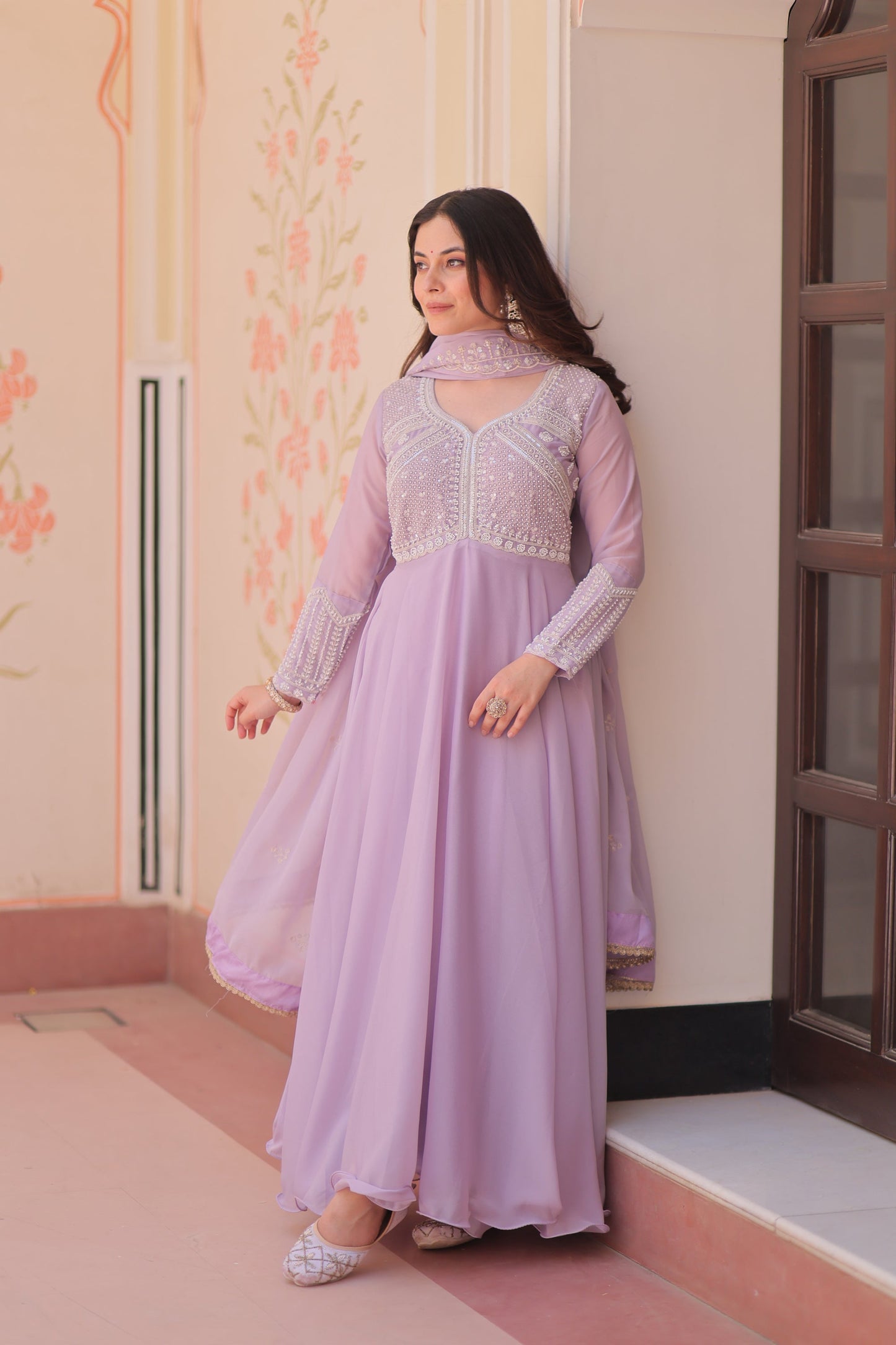 Lorenvalley Fashion Lavender Star Georgette With Rich Sequins Coding & Beads Embroidered work Gown with Dupatta