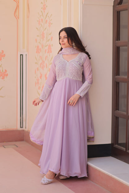 Lorenvalley Fashion Lavender Star Georgette With Rich Sequins Coding & Beads Embroidered work Gown with Dupatta